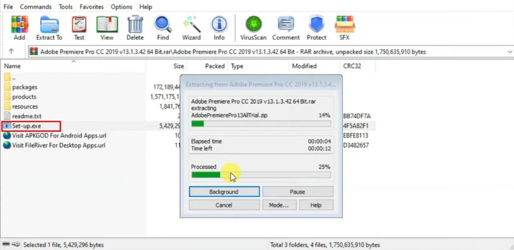 Launching Premiere Pro setup from zip file