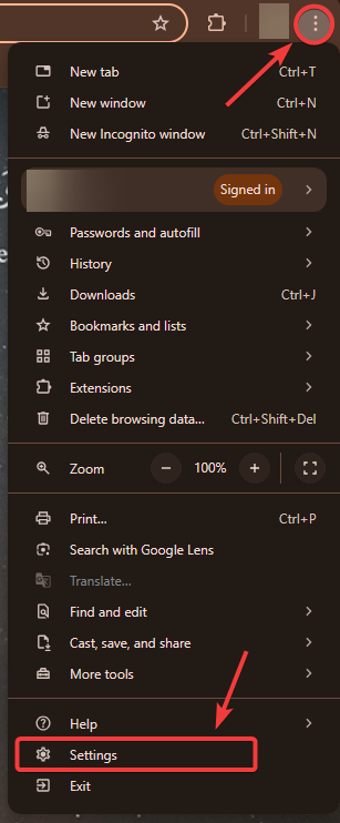Chrome settings menu location