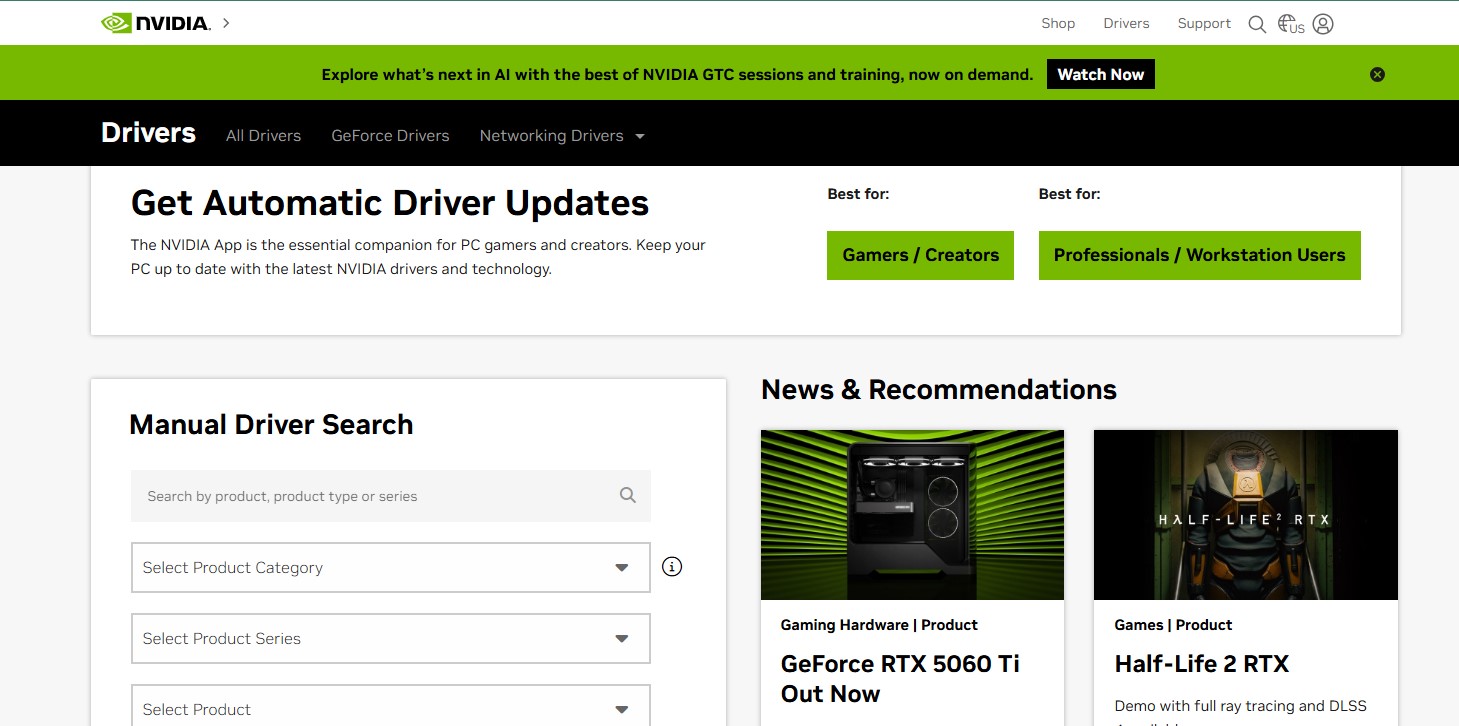 NVIDIA Website driver update page