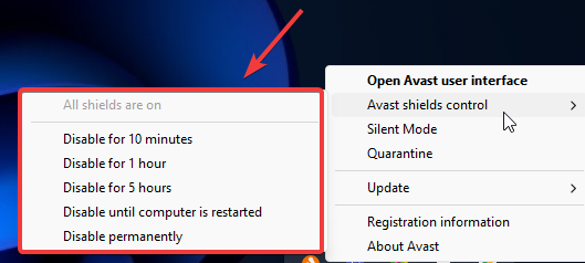 Antivirus disable options in system tray