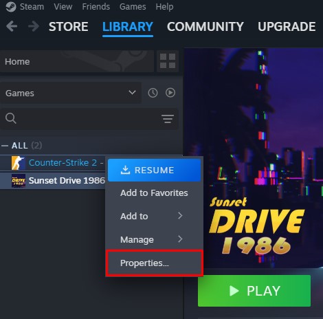 Game Properties menu in Steam