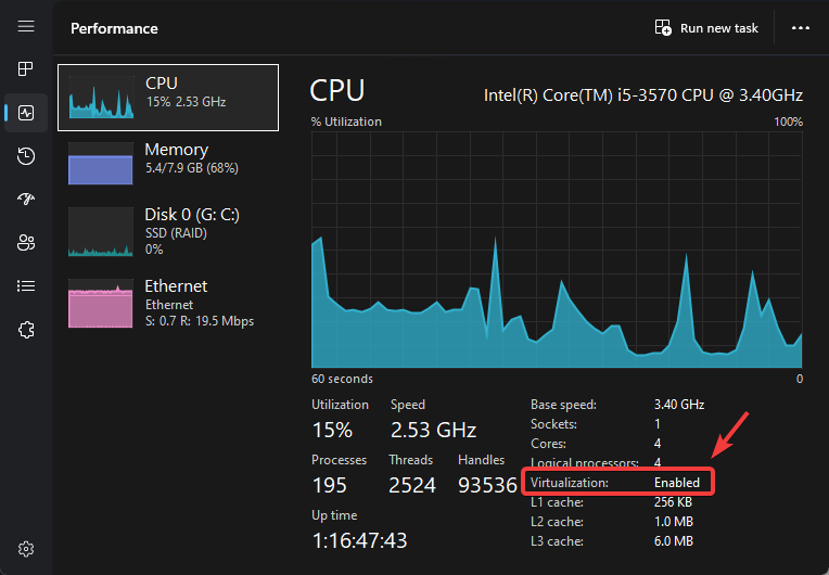 Virtualization enabled status in Task Manager