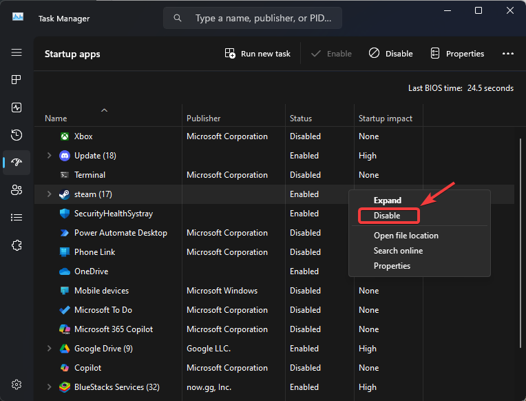 Disabling startup programs in Task Manager