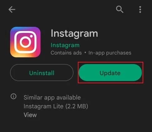 Instagram update button in app store