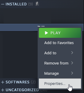 Steam game properties menu
