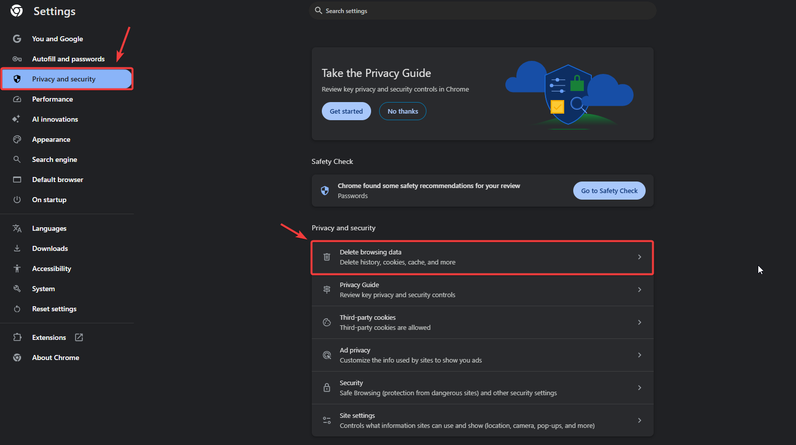 Clear browsing data option