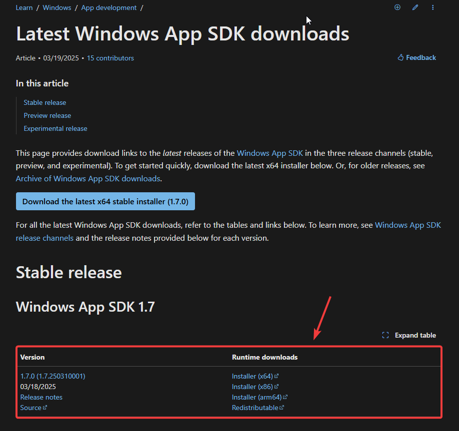 Windows App SDK download page