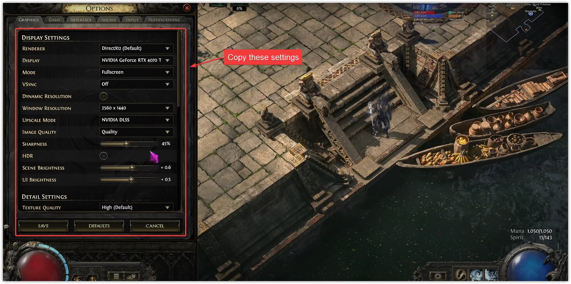 Example low-impact graphics settings in Path of Exile 2