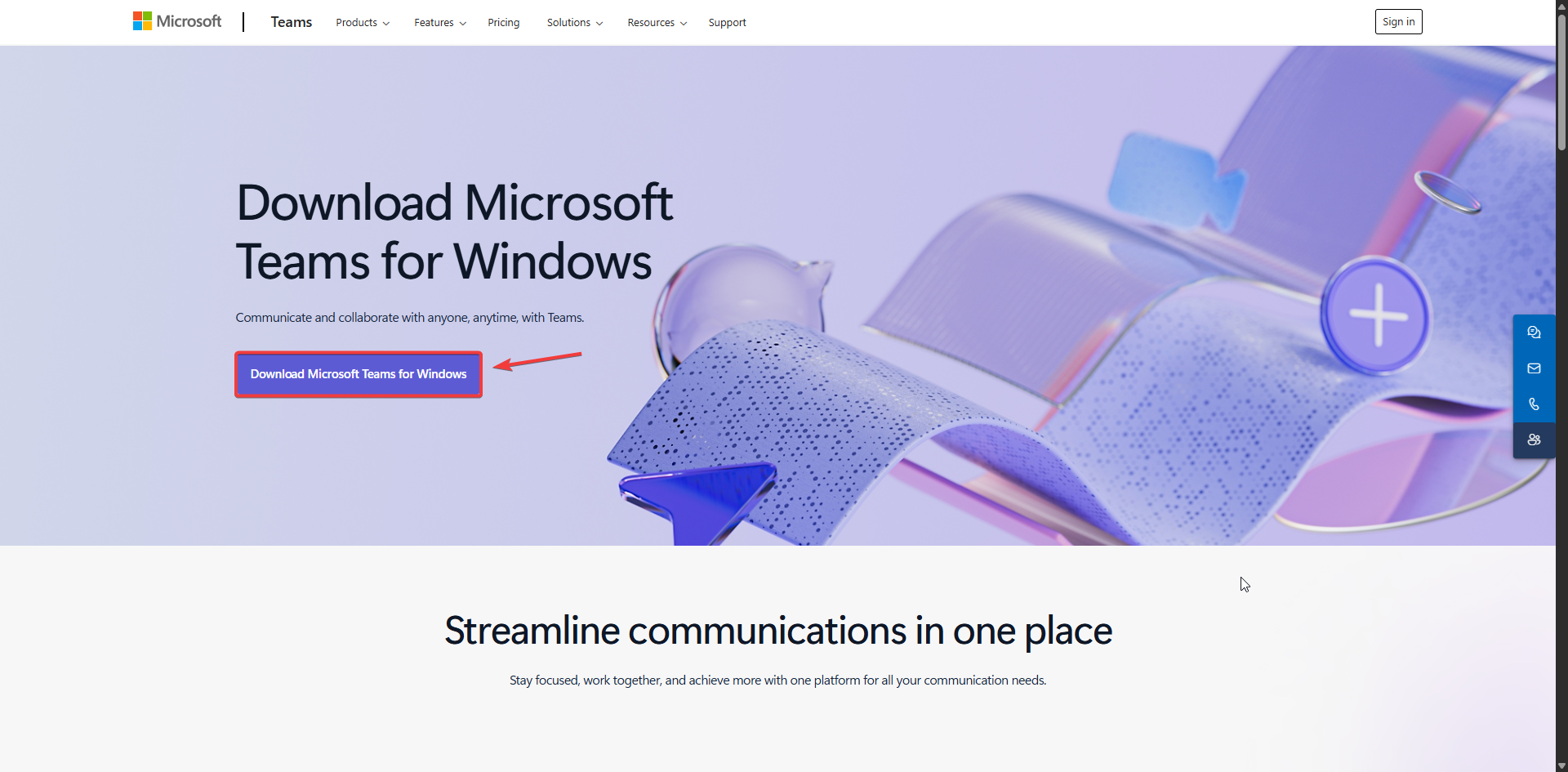 Microsoft Teams download page