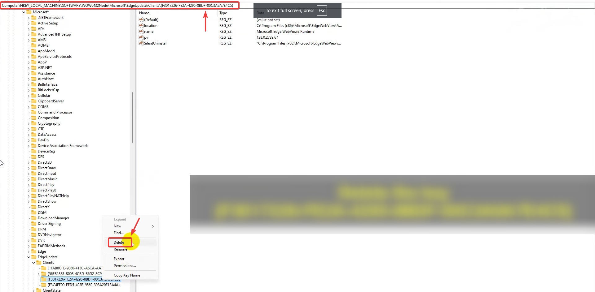 Deleting WebView2 Runtime registry key