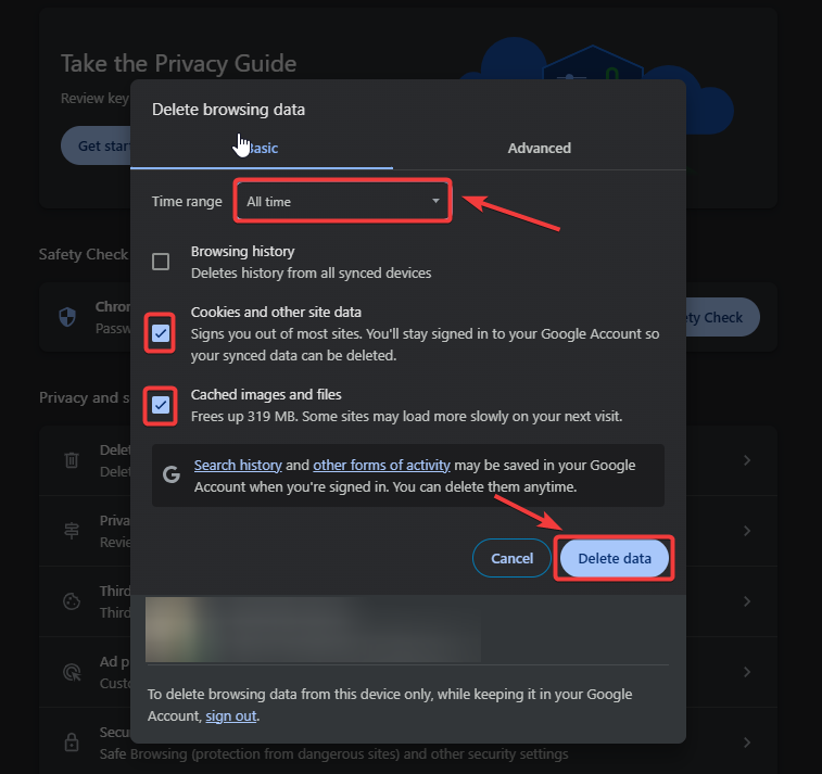 Clear browsing data confirmation