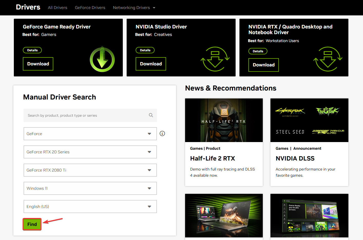 GPU driver download page example