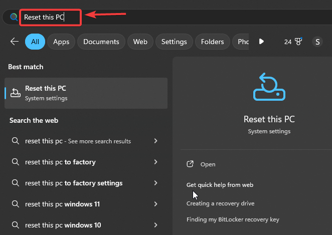 Reset this PC search