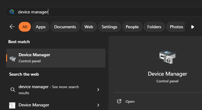Searching for Device Manager in Windows