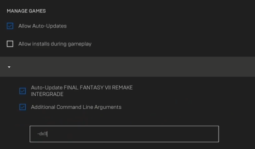 Epic Games command line arguments option