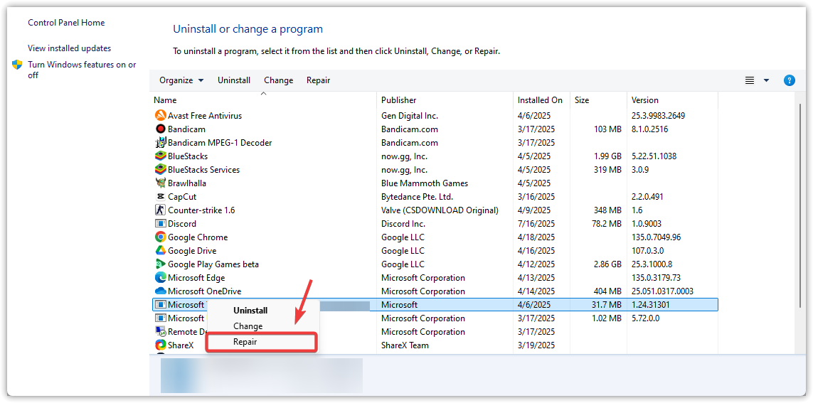 Repair option for Microsoft Edge WebView2 Runtime