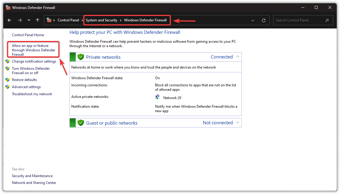 Firewall allow apps option
