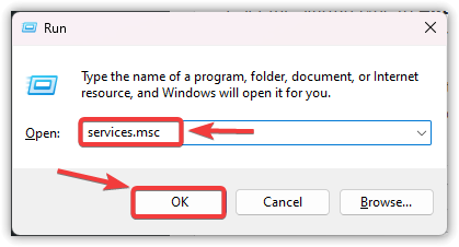 Run window with services.msc typed