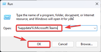 Run dialog box with Teams folder path