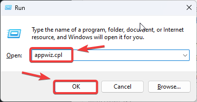 Windows Run dialog with appwiz.cpl command