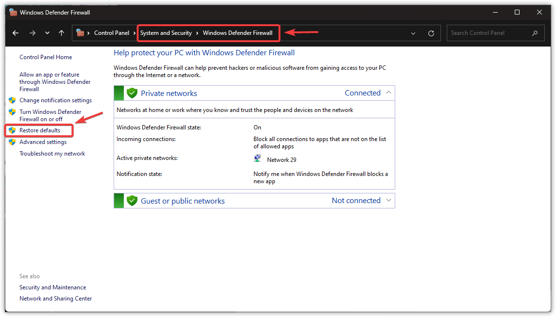 Firewall restore defaults option