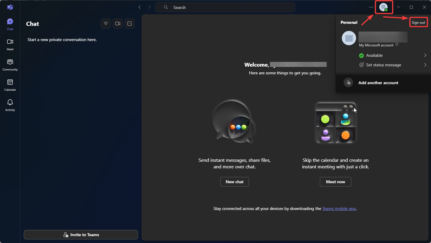 Microsoft Teams sign out option