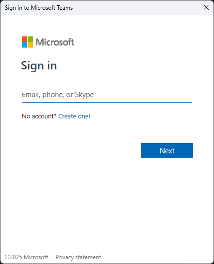 Microsoft Teams login screen