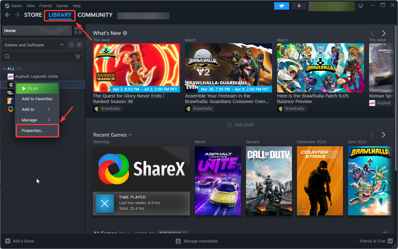 Steam game properties menu