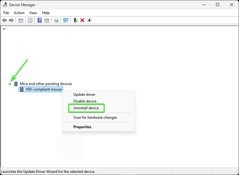 Uninstalling mouse driver in Device Manager