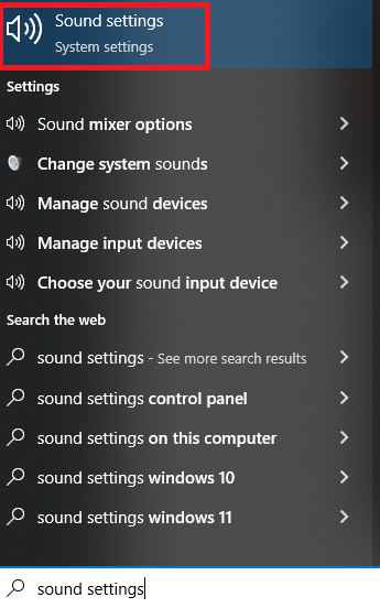 Windows Sound Settings page