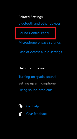 Sound Control Panel option in Windows Settings