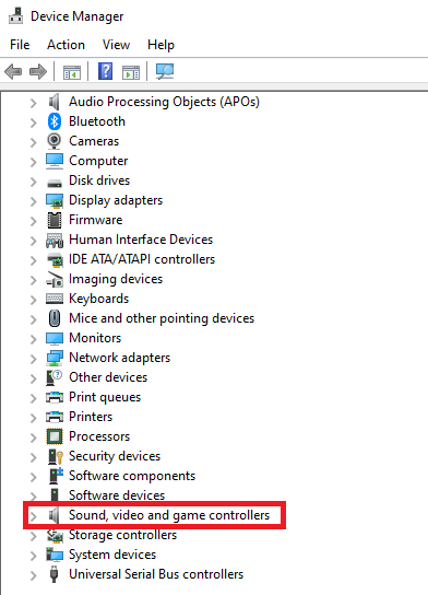 Sound, video and game controllers category in Device Manager