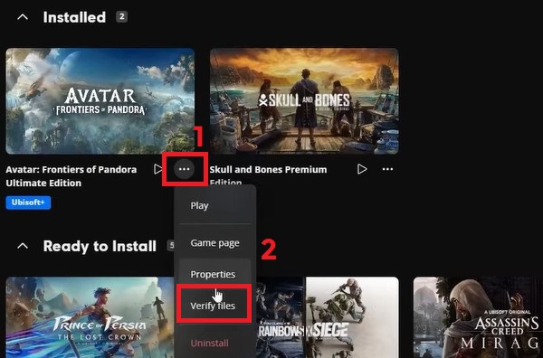 Game options menu showing Verify Files in Ubisoft Connect