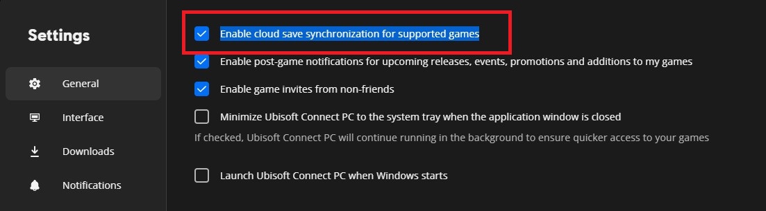 Cloud save sync toggle in Ubisoft Connect