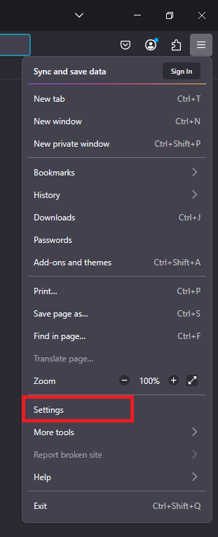 Firefox settings menu button