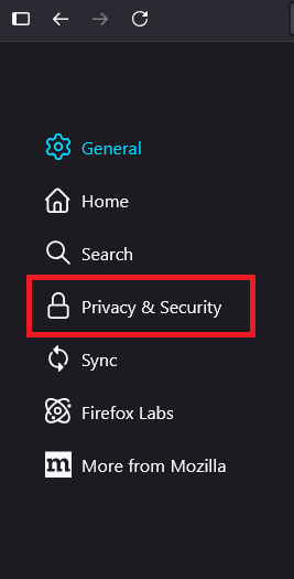 Firefox Privacy and Security settings tab