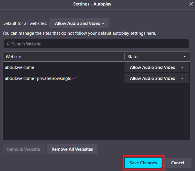 Save Changes button in Firefox autoplay settings
