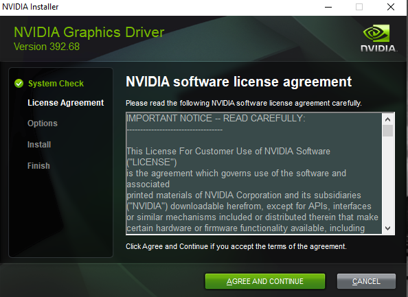 Nvidia driver license agreement screen