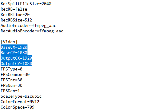 Editing OBS resolution settings in Notepad