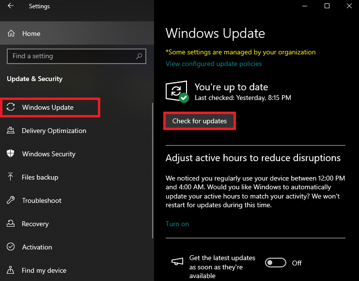 Check for updates button in Windows Update