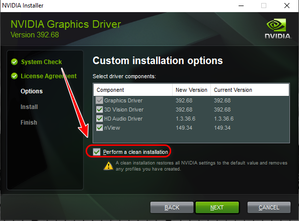 Clean installation option for Nvidia drivers