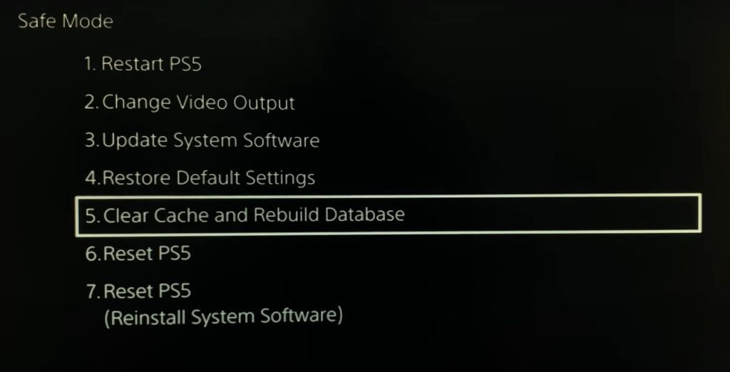 PS5 Safe Mode menu showing cache clearing option