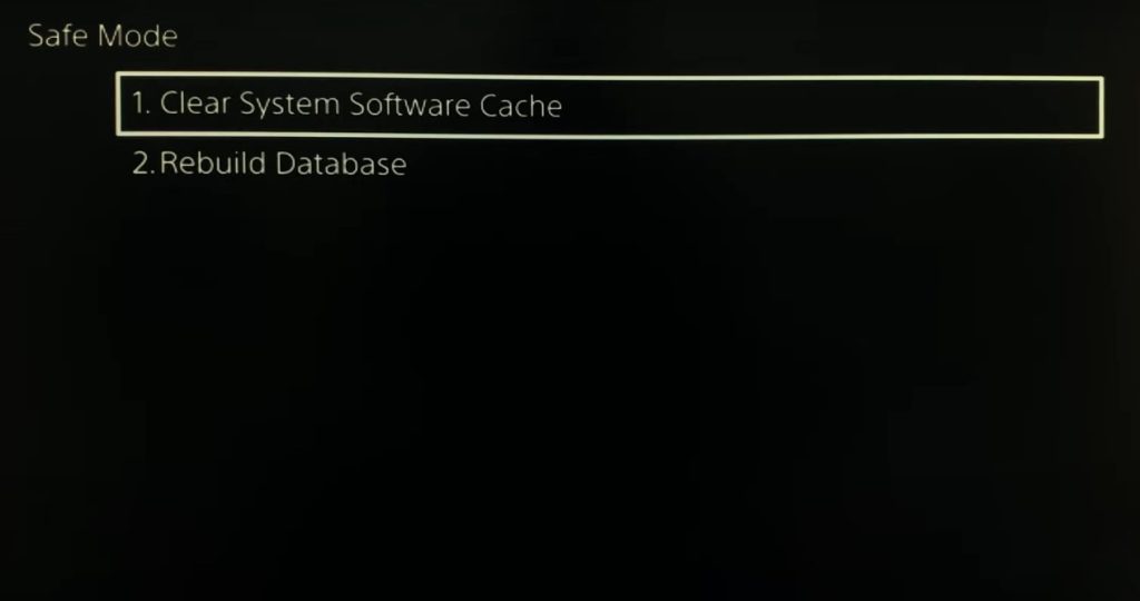 PS5 cache clearing selection screen