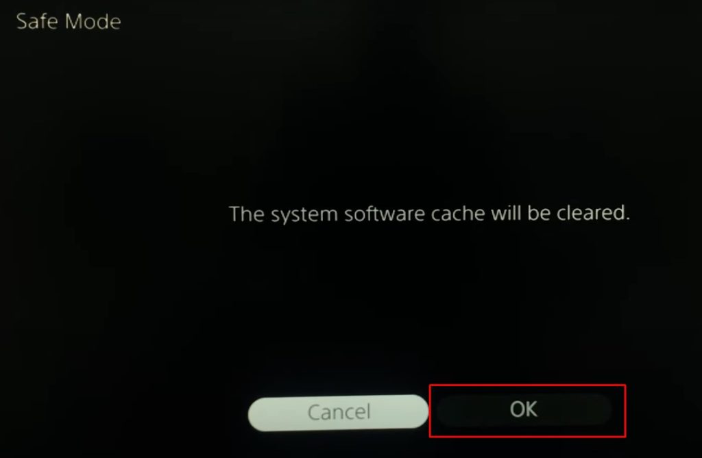 PS5 cache clearance confirmation screen