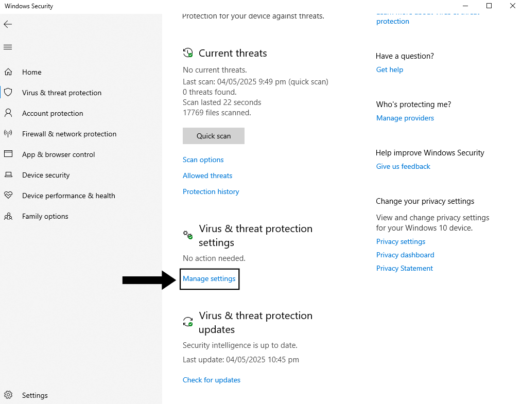 Manage protection settings