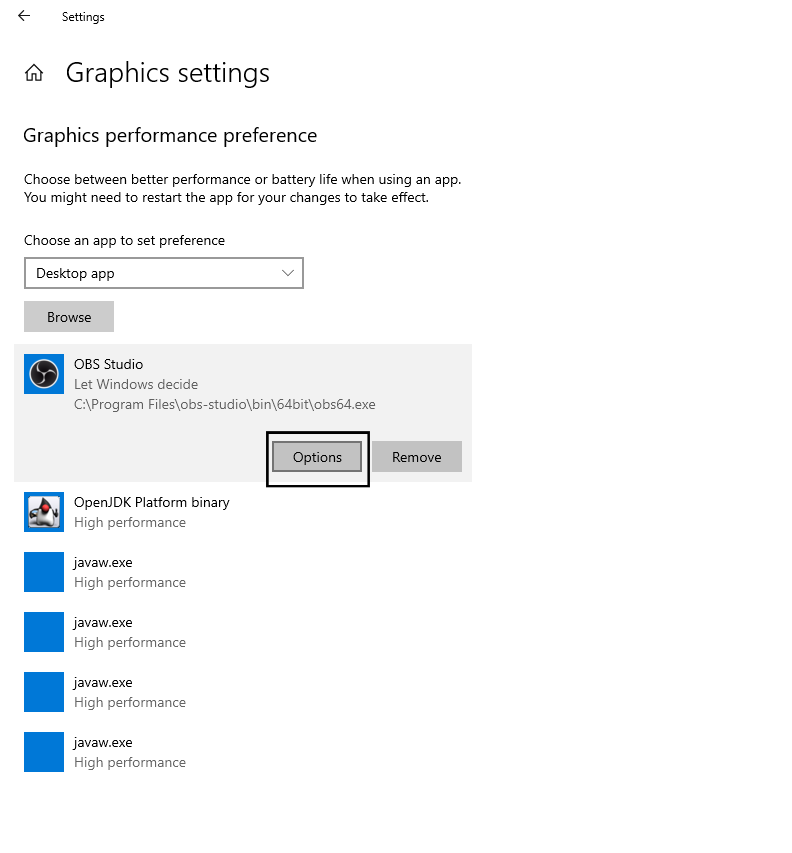 Graphics Settings options button