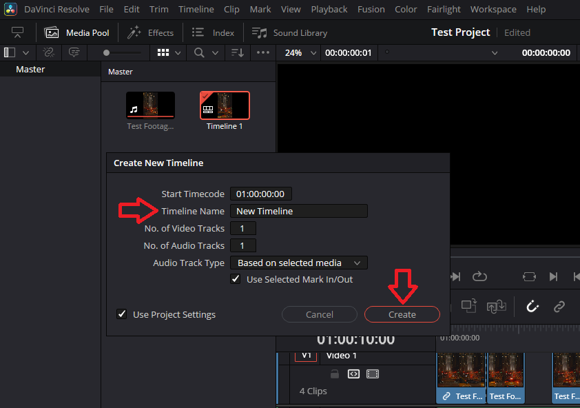 Timeline creation window in Resolve with settings options