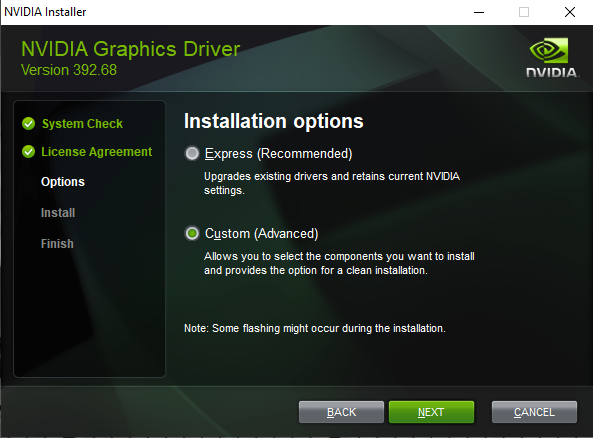 Custom install option in Nvidia setup