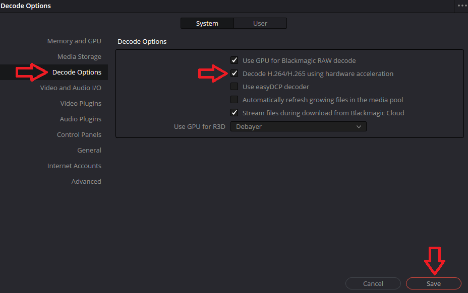 Decode options in Resolve to disable hardware acceleration