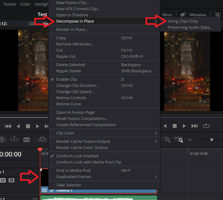 Decompose in place option in timeline context menu